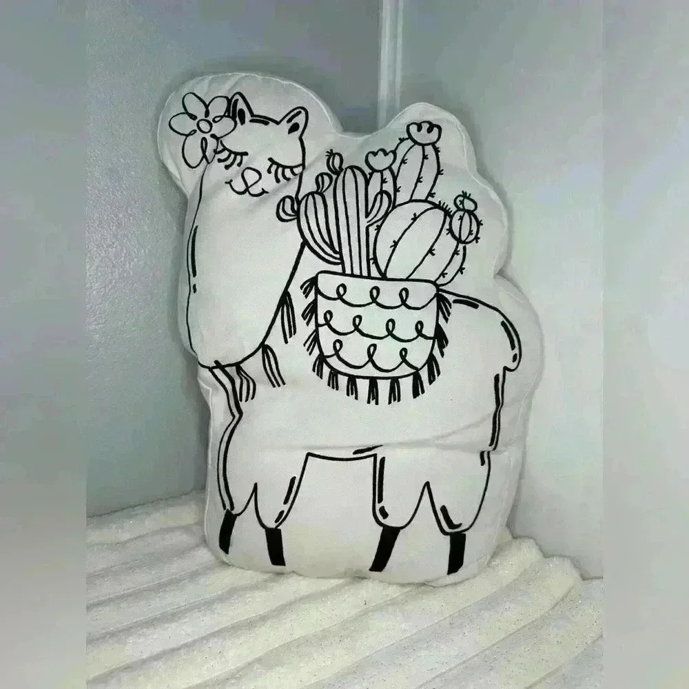 Large Llama & Cactus Pillow, Black & White